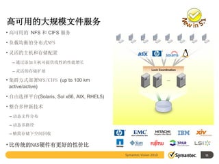 高可用的大规模文件服务
• 高可用的 NFS 和 CIFS 服务

• 负载均衡的分布式NFS

• 灵活的主机和存储配置
  – 通过添加主机可提供线性的性能增长

  – 灵活的存储扩展                                              Lock Coordination


• 集群方式部署NFS/CIFS (up to 100 km                                     …

  active/active)

• 自由选择平台(Solaris, Sol x86, AIX, RHEL5)

• 整合多种新技术
 – 动态文件分布

 – 动态多路径

 – 精简存储下空间回收

• 比传统的NAS硬件有更好的性价比
                                         Symantec Vision 2010                11
 