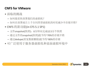 CNFS for VMware
• 面临的挑战
 – 如何能更快部署我们的虚拟机？
 – 如何在部署成百上千台同类型虚拟机的时侯减少不存储开销？
• CNFS 的新功能(in CFS 5.1 SP1)
 – 文件snapshot(快照)，6分钟内完成12.5万个快照
 – 通过文件的snapshot(快照)能节约~70%的存储开销
 – 通过dedupe(重复数据删除)能节约~80%的存储
• 可广泛使用于服务器虚拟化和桌面虚拟环境中




                              Symantec Vision 2010   14
 