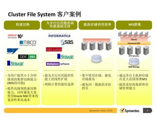 Cluster File System 客户案例
    快速切换           为并行应用提供高      提高存储利用效率                      NFS群集
                    性能基础支持


                                                                  Clients
                                                               Clustered NFS




                                                                CFS Servers




                                                               SAN Storage



• 为用户提供小于分钟       • 能为并行应用提供性   • 集中使用存储，避免                 • 通过多台主机和存储
级别的集群切换能力         能上的线性扩展       存储孤岛                        在更大范围部署NFS
(90%的可能)          • 网格计算的最佳选择   • 避免同一数据的多份                 • 提供更好的集群和存
• 提供高级别快速切换                     拷贝                          储管理能力
能力，同时避免大量
使用Oracle RAC带来的
复杂性和高成本


                                     Symantec Vision 2010                      7
 
