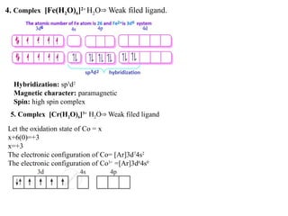 4. Complex [Fe(H2O)6]2+
H2O Weak filed ligand.
⇒
Hybridization: sp3
d2
Magnetic character: paramagnetic
Spin: high spin complex
5. Complex [Cr(H2O)6]3+
H2O Weak filed ligand
⇒
Let the oxidation state of Co = x
x+6(0)=+3
x=+3
The electronic configuration of Co= [Ar]3d7
4s2
The electronic configuration of Co3+
=[Ar]3d6
4s0
 