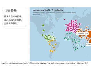 https://www.facebookstories.com/stories/1574/interactive-mapping-the-world-s-friendships#color=continent&story=1&country=TW
社交脈絡
隱性資 流通管道、
善用地域社交網絡，
打開國際通路。
 