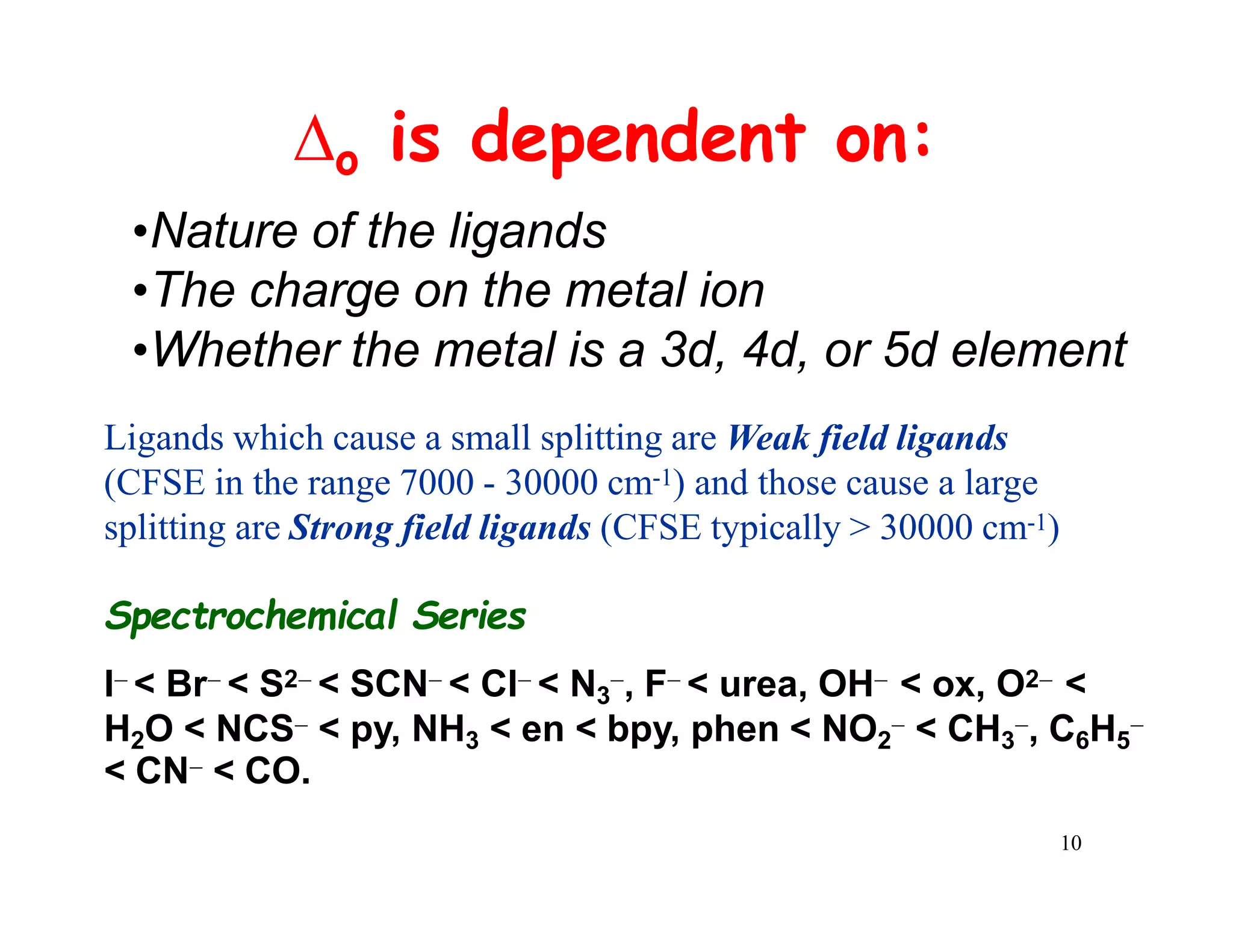 •Nature of the ligands
•The charge on the metal ion
•Whether the metal is a 3d, 4d, or 5d element
Ligands which cause a small splitting are Weak field ligands
(CFSE in the range 7000 - 30000 cm-1) and those cause a large
splitting are Strong field ligands (CFSE typically > 30000 cm-1)
Spectrochemical Series
I < Br < S2 < SCN < Cl < N3
, F < urea, OH < ox, O2 <
H2O < NCS < py, NH3 < en < bpy, phen < NO2
 < CH3
, C6H5

< CN < CO.
10
o is dependent on:
 