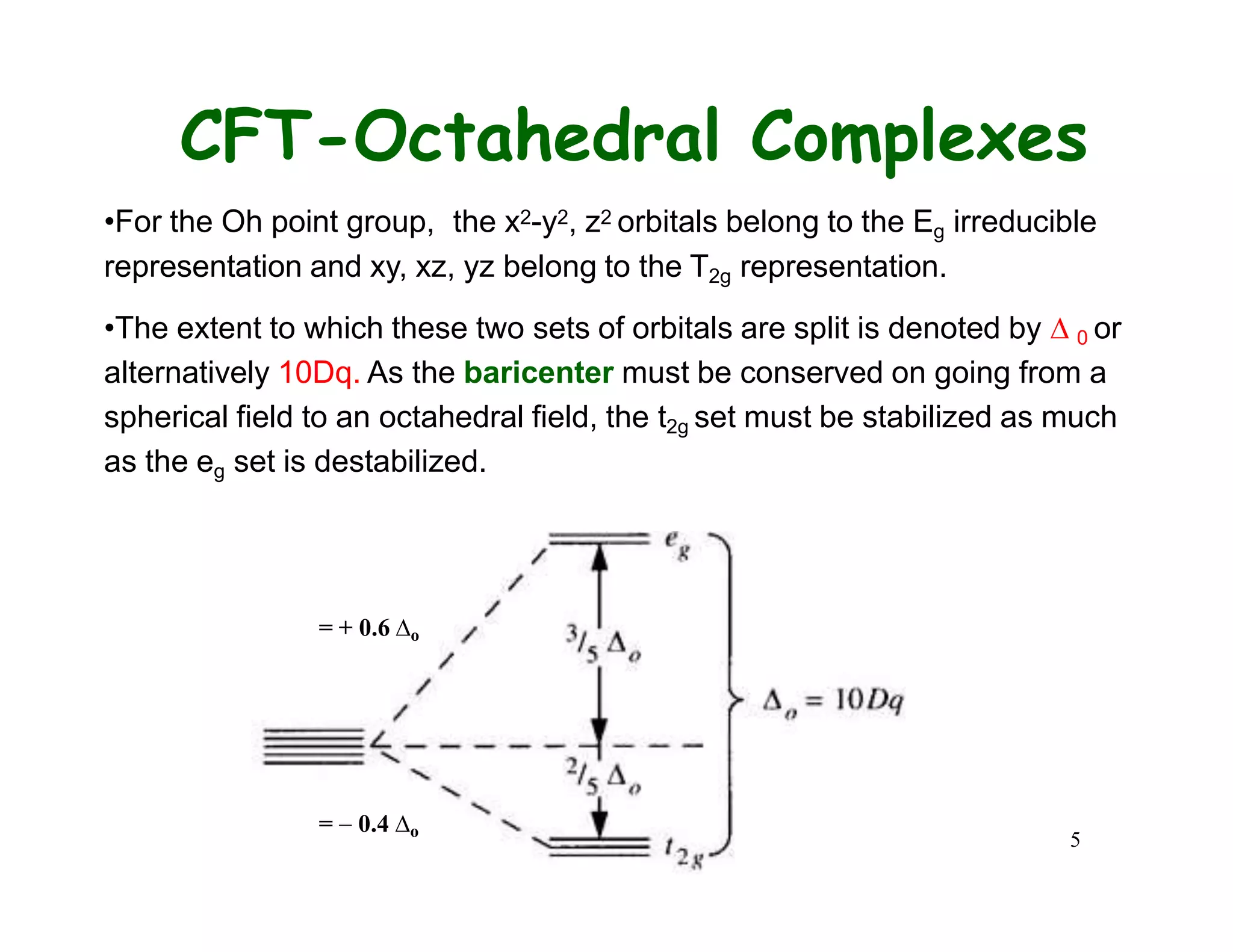 5
CFT-Octahedral Complexes
•For the Oh point group, the x2-y2, z2 orbitals belong to the Eg irreducible
representation and xy, xz, yz belong to the T2g representation.
•The extent to which these two sets of orbitals are split is denoted by  0 or
alternatively 10Dq. As the baricenter must be conserved on going from a
spherical field to an octahedral field, the t2g set must be stabilized as much
as the eg set is destabilized.
= + 0.6 o
=  0.4 o
 