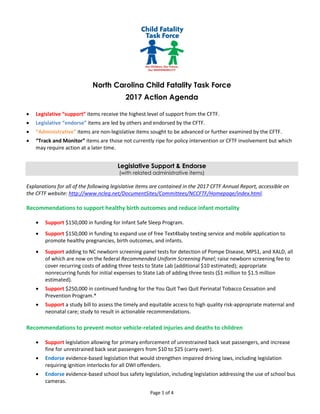 Page 1 of 4
North Carolina Child Fatality Task Force
2017 Action Agenda
 Legislative “support” items receive the highest level of support from the CFTF.
 Legislative “endorse” items are led by others and endorsed by the CFTF.
 “Administrative” items are non-legislative items sought to be advanced or further examined by the CFTF.
 “Track and Monitor” items are those not currently ripe for policy intervention or CFTF involvement but which
may require action at a later time.
Legislative Support & Endorse
(with related administrative items)
Explanations for all of the following legislative items are contained in the 2017 CFTF Annual Report, accessible on
the CFTF website: http://www.ncleg.net/DocumentSites/Committees/NCCFTF/Homepage/index.html.
Recommendations to support healthy birth outcomes and reduce infant mortality
 Support $150,000 in funding for Infant Safe Sleep Program.
 Support $150,000 in funding to expand use of free Text4baby texting service and mobile application to
promote healthy pregnancies, birth outcomes, and infants.
 Support adding to NC newborn screening panel tests for detection of Pompe Disease, MPS1, and XALD, all
of which are now on the federal Recommended Uniform Screening Panel; raise newborn screening fee to
cover recurring costs of adding three tests to State Lab (additional $10 estimated); appropriate
nonrecurring funds for initial expenses to State Lab of adding three tests ($1 million to $1.5 million
estimated).
 Support $250,000 in continued funding for the You Quit Two Quit Perinatal Tobacco Cessation and
Prevention Program.*
 Support a study bill to assess the timely and equitable access to high quality risk-appropriate maternal and
neonatal care; study to result in actionable recommendations.
Recommendations to prevent motor vehicle-related injuries and deaths to children
 Support legislation allowing for primary enforcement of unrestrained back seat passengers, and increase
fine for unrestrained back seat passengers from $10 to $25 (carry over).
 Endorse evidence-based legislation that would strengthen impaired driving laws, including legislation
requiring ignition interlocks for all DWI offenders.
 Endorse evidence-based school bus safety legislation, including legislation addressing the use of school bus
cameras.
 