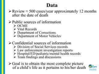 Data
Review ≈ 500 cases/year approximately 12 months
after the date of death
Public sources of information
 OCME
 Vita...