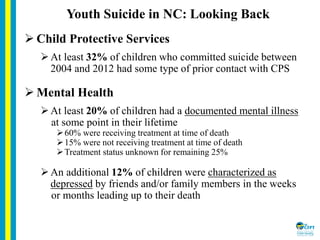 Youth Suicide in NC: Looking Back
 Child Protective Services
At least 32% of children who committed suicide between
2004...