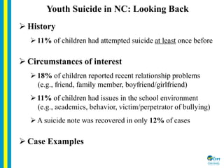 Youth Suicide in NC: Looking Back
 History
11% of children had attempted suicide at least once before
 Circumstances of...