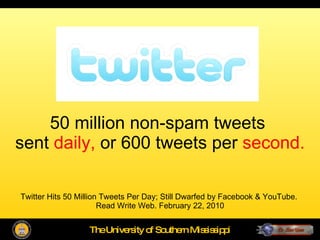 50 million non-spam tweets  sent  daily,  or 600 tweets per  second.  Twitter Hits 50 Million Tweets Per Day; Still Dwarfed by Facebook & YouTube.  Read Write Web. February 22, 2010 