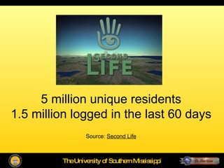5 million unique residents 1.5 million logged in the last 60 days Source:  Second Life 