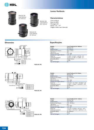36766- Pag 124.ps
I:TRABALHOS LEOGRAF36766-PIAL LEGRANDSAIDA36766- Pag 124.cdr
domingo, 24 de abril de 2011 20:55:32
Perfil de cores: Desativado
Composição Tela padrão

Lentes Varifocais
90.02.02.194
Lente Varifocal
5.0~50.0 mm

Características
90.02.02.198
Lente Varifocal
2.8~12.0 mm

Lente varifocal
Auto-íris (DC)
Montagem CS
Sensor: 1/3” , 1/4”
Imagem nítida e sem distorção

90.02.02.195
Lente Varifocal
3.0~8.0 mm

Especificações

Dimensões

Lente Varifocal 3.0~8.0mm
90.02.02.195
3.0~8.0mm
8.7~14.37mm
DC
F1.4~360
1/3”, 1/4”
1/3”/118.7°~44.1°/93.4°~34.6°/68.7°~26°
1/4”/89.1°~33°/68.7°~25.8°/50.9°~19.4°
43.7x59.7mm
80.3g
CS

Modelo
Código
Distância Focal
Distância Focal Traseira
Tipo de Íris
Abertura da Lente
Captação de Imagem (Sensor)
Ângulo de
Visualização (DxHxV)
Dimensões (ØxC)
Peso
Tipo de Montagem

Tolerância: ±0.4mm
Pino Nº

Lente Varifocal 5.0~50.0mm
90.02.02.194
5.0~50.0mm
9.8~11.7mm
DC
F1.4~360
1/3”, 1/4”
1/3”/60°~7.4°/49.4°~5.8°/38°~4.4°
1/4”/47°~5.2°/38°~4.1°/28.8°~3.1°
44.0x67.22mm
132.0g
CS

Modelo
Código
Distância Focal
Distância Focal Traseira
Tipo de Íris
Abertura da Lente
Captação de Imagem (Sensor)
Ângulo de
Visualização (DxHxV)
Dimensões (ØxC)
Peso
Tipo de Montagem

Plano de
Imagem

Modelo
Código
Distância Focal
Distância Focal Traseira
Tipo de Íris
Abertura da Lente
Captação de Imagem (Sensor)
Ângulo de
Visualização (DxHxV)
Dimensões (ØxC)
Peso
Tipo de Montagem

Lente Varifocal 2.8~12.0mm
90.02.02.198
2.8~12.0mm
9.75~20.46mm
DC
F1.4~360
1/3”, 1/4”
1/3”/134°~32°/99.8°~25°/72.5°~18.7°
1/4”/92.7°~23.4°/72.5°~18.8°/53.5°~14°
36.1x58.4mm
91.5g
CS

Plano de
Imagem

90.02.02.194

Tolerância: ±0.4mm

Pino Nº

Preto
Branco
Vermelho
Verde

Plano de Imagem

90.02.02.195

Tolerância: ±0.4mm
Pino Nº

Amarelo
Branco
Vermelho

90.02.02.198

Verde

124
1

 