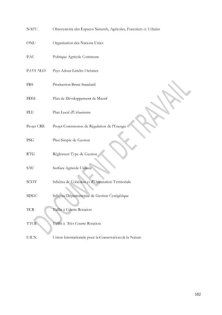 102 
NAFU Observatoire des Espaces Naturels, Agricoles, Forestiers et Urbains 
ONU Organisation des Nations Unies 
PAC Politique Agricole Commune 
PAYS ALO Pays Adour Landes Océanes 
PBS Production Brute Standard 
PDM Plan de Développement de Massif 
PLU Plan Local d'Urbanisme 
Projet CRE Projet Commission de Régulation de l'Energie 
PSG Plan Simple de Gestion 
RTG Règlement Type de Gestion 
SAU Surface Agricole Utilisée 
SCOT Schéma de Cohésion et d'Orientation Territoriale 
SDGC Schéma Départemental de Gestion Cynégétique 
TCR Taillis à Courte Rotation 
TTCR Taillis à Très Courte Rotation 
UICN Union Internationale pour la Conservation de la Nature 
 