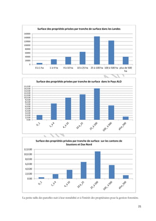 160000 
140000 
120000 
100000 
80000 
60000 
40000 
20000 
15,0.00 
14,0.00 
13,0.00 
12,0.00 
11,0.00 
10,0.00 
9,0.00 
8,0.00 
7,0.00 
6,0.00 
5,0.00 
4,0.00 
3,0.00 
2,0.00 
1,0.00 
12,0.00 
10,0.00 
8,0.00 
6,0.00 
4,0.00 
2,0.00 
La petite taille des parcelles nuit à leur rentabilité et à l’intérêt des propriétaires pour la gestion forestière. 
21 
0 
0 à 1 ha 1 à 4 ha 4 à 10 ha 10 à 25 ha 25 à 100 ha 100 à 500 ha plus de 500 
ha 
Surface des propriétés privées par tranche de surface dans les Landes 
0.00 
Surface des propriétés privées par tranche de surface dans le Pays ALO 
0.00 
Surface des propriétés privées par tranche de surface sur les cantons de 
Soustons et Dax Nord 
 