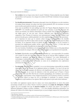 41 
3 Risques sanitaires 
En ce qui concerne les résineux : 
- Les scolytes sont un risque connu dans le massif. L’hylésine (Tomicus piniperda) cause des dégâts 
spectaculaires sur les pousses. Les attaques de scolytes de 2010 (Ips Sexdentatus) n’ont pas épargné 
le territoire. 
- La chenille processionnaire (Thaumetopoea pityocampa) causes des défoliations aux pins maritimes, 
les rendant moins résistant. Les arbres sont alors moins productifs (50% de croissance en moins 
pour un arbre ayant perdu la moitié de ses aiguilles49) 
C’est aussi un problème de santé publique qui relève de l’Agence Régionale de Santé et de la 
DDCSPP50. Ces chenilles propulsent les poils qui sont urticantes et peuvent provoquer des 
lésions aux humains, aux animaux domestiques comme au bétail. Chez les animaux domestiques 
des dégâts graves ne sont pas rares : nécrose, difficultés pour s’abreuver et s’alimenter, 
amputation. Chez l’homme les réactions sont majoritairement cutanées (urticaire localisé) mais 
peuvent être plus grave, (oedème généralisé voir choc anaphylactique pour 2 à 3% des personnes) 
Il est important de noter que le contexte urbain favorise le développement des chenilles 
processionnaire. En effet les arbres isolés sont plus attractifs. Ceci est aussi valable pour les arbres 
de lisières. Il est important d’éviter de planter des pins ornementaux ou de les conserver à 
proximité des établissements publics (écoles, maison de retraites, crèches…) Si des nids sont 
détectés il est possible d’installer des éco pièges ou de réaliser un échenillage. 
En zone forestière, l’installation ou la conservation de lisières feuillues joue un rôle prépondérant 
pour circonscrire les attaques. Elle aura une incidence indirecte sur la productivité de la parcelle. 
- Le fomès (Heterobasidion annosum) et l’armillaire (Armillaria sp.) sont responsables de mortalités 
sur le massif. Il existe des traitements préventifs mais qui ne sont pas facile à appliquer et pour 
lesquels les opérateurs ont besoin de disposer du Certiphyto51. Les coûts administratifs et 
économiques conduisent souvent à ne pas réaliser le traitement. Il est à noter que le risque 
pourrait se développer sur le Sud Landes en raison de la multiplication des exploitations 
annoncées (Cf. Partie II). 
- Le nématode (Brusaphelenchus xylophilus) est un vers microscopique responsable de mortalités 
importantes du pin au Portugal. Il est également présent en Espagne. A ce jour il n’a pas été 
détecté en France, des campagnes de détection sont régulièrement organisées pour s’en assurer. 
Un plan d’urgence est en cours de rédaction et doit être présenté par la France à l’union 
Euroépenne avant juin 2014. Du fait de sa location géographique, des nombreux axes routiers, 
des nombreux supermarchés et base d’approvisionnement et de la présence d’usines, le territoire 
est fortement exposé au risque de voir se développer le nématode. Ce parasite s’attaque, 
notamment, au pin maritime et aux épicéas. Mais les pins parasol et pin taeda restent indemnes. 
Les feuillus sont également exposés mais les enjeux sont moins prépondérant en raison d’un poids 
économique moindre de ces arbres. Notons toutefois la présence du cynips du châtaignier, d’agrile 
(Agrilus sp.) sur le peuplier ainsi que du puceron lanigère. Les chênes sont quant à eux exposés à 
différents pathogènes (oidium, coroebus, armillaire, …) ou à des chenilles défoliatrices printanières. Les 
chênaies de l’Adour et les chênes liège ne connaissent pas à ce jour de dégâts majeurs liés à des pathogènes 
49 Inra Bordeaux-Aquitaine 
50 Directions départementales de la cohésion sociale et de la protection des populations 
51 Certificat individuel pour les produits phytopharmaceutiques, qui atteste de connaissances suffisantes pour utiliser les pesticides 
en sécurité et en réduire leur usage. 
 