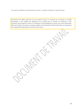 74 
Les nouveaux habitants du territoire, dits néo ruraux se prêtent volontiers à ce type d’exercice. 
L’économie de la filière forêt-bois est, tout comme la forêt, à un tournant de son histoire. Le modèle 
économique va être redéfini très rapidement. Il est capital pour le territoire de s’intéresser à cette 
révolution, d’encourager les acteurs à se moderniser et d’accompagner les acteurs, qui en font la demande, 
dans leur transition. Les enjeux en matière d’emploi et de dynamisme de l’économie locale sont importants 
et les opportunités importantes mais devront être saisies. 
 