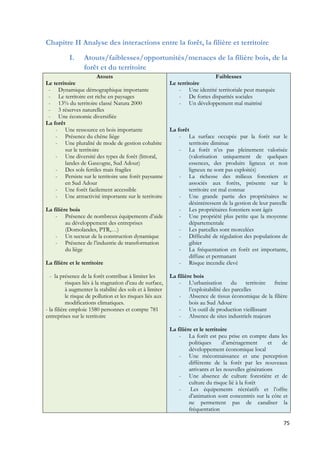 75 
Chapitre II Analyse des interactions entre la forêt, la filière et territoire 
I. Atouts/faiblesses/opportunités/menaces de la filière bois, de la 
forêt et du territoire 
Atouts 
Le territoire 
- Dynamique démographique importante 
- Le territoire est riche en paysages 
- 13% du territoire classé Natura 2000 
- 3 réserves naturelles 
- Une économie diversifiée 
La forêt 
- Une ressource en bois importante 
- Présence du chêne liège 
- Une pluralité de mode de gestion cohabite 
sur le territoire 
- Une diversité des types de forêt (littoral, 
landes de Gascogne, Sud Adour) 
- Des sols fertiles mais fragiles 
- Persiste sur le territoire une forêt paysanne 
en Sud Adour 
- Une forêt facilement accessible 
- Une attractivité importante sur le territoire 
La filière bois 
- Présence de nombreux équipements d’aide 
au développement des entreprises 
(Domolandes, PTR,…) 
- Un secteur de la construction dynamique 
- Présence de l’industrie de transformation 
du liège 
La filière et le territoire 
- la présence de la forêt contribue à limiter les 
risques liés à la stagnation d’eau de surface, 
à augmenter la stabilité des sols et à limiter 
le risque de pollution et les risques liés aux 
modifications climatiques. 
- la filière emploie 1580 personnes et compte 781 
entreprises sur le territoire 
Faiblesses 
Le territoire 
- Une identité territoriale peut marquée 
- De fortes disparités sociales 
- Un développement mal maitrisé 
La forêt 
- La surface occupée par la forêt sur le 
territoire diminue 
- La forêt n’es pas pleinement valorisée 
(valorisation uniquement de quelques 
essences, des produits ligneux et non 
ligneux ne sont pas exploités) 
- La richesse des milieux forestiers et 
associés aux forêts, présente sur le 
territoire est mal connue 
- Une grande partie des propriétaires se 
désintéressent de la gestion de leur parcelle 
- Les propriétaires forestiers sont âgés 
- Une propriété plus petite que la moyenne 
départementale 
- Les parcelles sont morcelées 
- Difficulté de régulation des populations de 
gibier 
- La fréquentation en forêt est importante, 
diffuse et permanant 
- Risque incendie élevé 
La filière bois 
- L’urbanisation du territoire freine 
l’exploitabilité des parcelles 
- Absence de tissus économique de la filière 
bois au Sud Adour 
- Un outil de production vieillissant 
- Absence de sites industriels majeurs 
La filière et le territoire 
- La forêt est peu prise en compte dans les 
politiques d’aménagement et de 
développement économique local 
- Une méconnaissance et une perception 
différente de la forêt par les nouveaux 
arrivants et les nouvelles générations 
- Une absence de culture forestière et de 
culture du risque lié à la forêt 
- Les équipements récréatifs et l’offre 
d’animation sont concentrés sur la côte et 
ne permettent pas de canaliser la 
fréquentation 
 