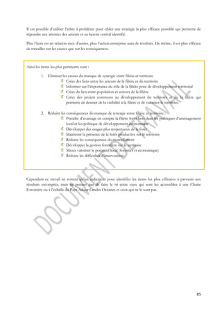 Il est possible d’utiliser l’arbre à problème pour cibler une stratégie la plus efficace possible qui permette de 
répondre aux attentes des acteurs et au besoin central identifié. 
Plus l’item est en relation avec d’autres, plus l’action entreprise aura de résultats. De même, il est plus efficace 
de travailler sur les causes que sur les conséquences. 
85 
Ainsi les items les plus pertinents sont : 
1. Eliminer les causes du manque de synergie entre filière et territoire 
Créer des liens entre les acteurs de la filière et du territoire 
Informer sur l’importance du rôle de la filière pour de développement territorial 
Créer du lien entre population et acteurs de la filière 
Créer des projets communs au développement du territoire et de la filière qui 
permette de donner de la visibilité à la filière et de valoriser le territoire. 
2. Réduire les conséquences du manque de synergie entre filière et territoire : 
Prendre d’avantage en compte la filière forêt-bois dans les politiques d’aménagement 
local et les politique de développement économique 
Développer des usages plus respectueux de la forêt 
Maintenir la présence de la forêt productive sur le territoire 
Réduire les conséquences du morcellement 
Développer la gestion forestière sur le territoire 
Mieux valoriser le potentiel local (forestier et économique) 
Réduire les difficultés d’intervention 
Cependant ce travail ne restent qu’un indicateur pour identifier les items les plus efficaces à parvenir aux 
résultats escomptés, mais ne permet pas de faire le tri entre ceux qui sont les accessibles à une Charte 
Forestière ou à l’échelle du Pays Adour Landes Océanes et ceux qui ne le sont pas. 
 