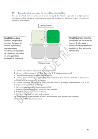 IV. Identification des axes de travail les plus viables 
Tout axe de travail n’est pas intéressant à retenir au regard des éléments à prendre en compte exposés 
précédemment. Une matrice de positionnement permet de visualiser très clairement les axes pertinents sur 
lesquels on peut travailler. 
Faisabilité certaine (objectifs 
atteignables par une action en 
interne, directe, rapide et 
mobilisant le moins de moyens 
possibles ou dont les moyens 
sont assurés) 
1 Créer des liens entre les acteurs de la filière et du territoire 
2 Informer sur l’importance du rôle de la filière pour de développement territorial 
3 Créer du lien entre population et acteurs de la filière 
4 Créer des projets communs au développement du territoire et de la filière qui permette de donner de la 
visibilité à la filière et de valoriser le territoire. 
5 Prendre d’avantage en compte la filière forêt-bois dans les politiques d’aménagement local et les 
politiques de développement économique 
6 Développer des usages plus respectueux de la forêt 
7 Maintenir la présence de la forêt productive sur le territoire 
8 Réduire les conséquences du morcellement 
9 Développer la gestion forestière sur le territoire 
10 Mieux valoriser le potentiel local (forestier et économique, dont équilibre offre-demande) 
11 Réduire les difficultés d’intervention 
86 
Effets maximum 
Effets minimum 
Faisabilité incertaine 
(objectifs atteignables à 
condition d’engager des 
moyens importants ou 
avec des moyens 
incertains, par des actions 
de long termes nécessitant 
de faire appel à des 
compétences extérieurs) 
1 2 
3 
4 
5 
6 
7 
8 
9 10 
11 
 