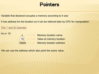 Variable that declared occupies a memory according to it size
It has address for the location so it can be referred later by CPU for manipulation
The ‘*’ and ‘&’ Operator
Int x= 10
x
10
76858
Memory location name
Value at memory location
Memory location address
We can use the address which also point the same value.
 