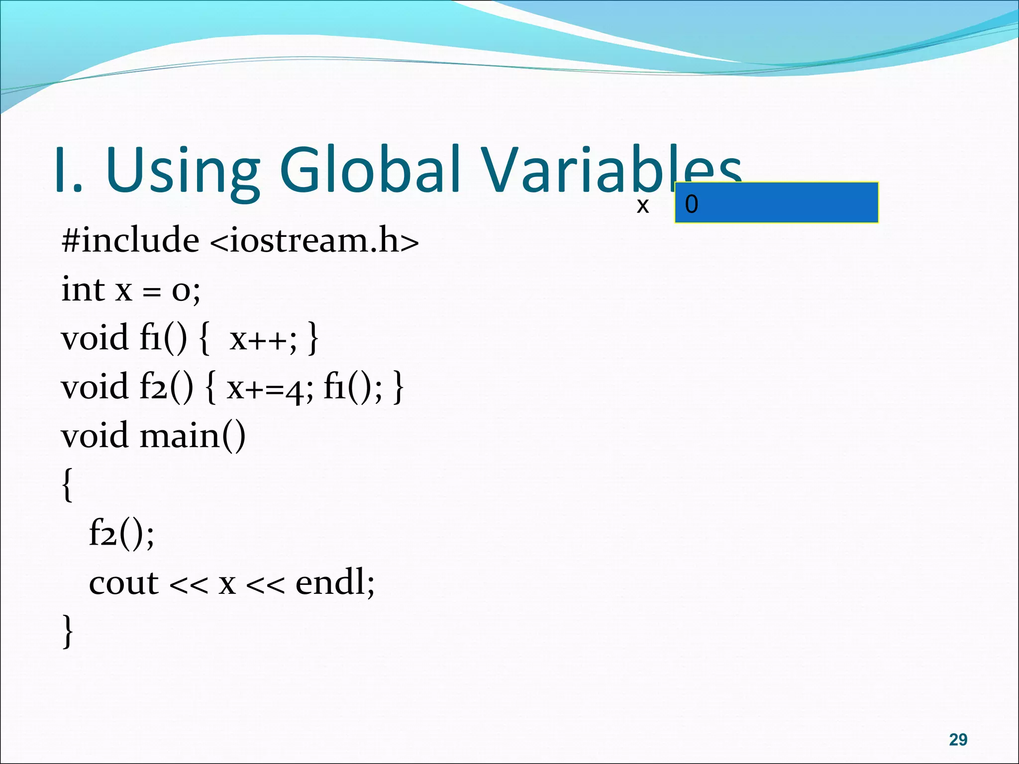 I. Using Global Variables
#include <iostream.h>
int x = 0;
void f1() { x++; }
void f2() { x+=4; f1(); }
void main()
{
f2();
cout << x << endl;
}
29
x 0
 