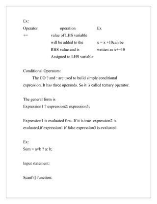Ex:
Operator                operation              Ex
+=                 value of LHS variable
                   will be added to the        x = x +10can be
                   RHS value and is            written as x+=10
                   Assigned to LHS variable


Conditional Operators:
      The CO ? and : are used to build simple conditional
expression. It has three operands. So it is called ternary operator.


The general form is
Expression1 ? expression2: expression3;


Expression1 is evaluated first. If it is true expression2 is
evaluated.if expression1 if false expression3 is evaluated.


Ex:
Sum = a>b ? a: b;


Input statement:


Scanf () function:
 