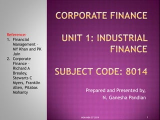 Prepared and Presented by,
N. Ganesha Pandian
MSM-MBA CF 2019
Reference:
1. Financial
Management –
MY Khan and PK
Jain
2. Corporate
Finance –
Richard A
Brealey,
Stewarts C
Myers, Franklin
Allen, Pitabas
Mohanty
1
 