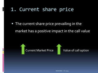 1. Current share price
 The current share price prevailing in the
market has a positive impact in the call value
MSM MBA - CF 2019
Current Market Price Value of call option
 