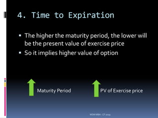 4. Time to Expiration
 The higher the maturity period, the lower will
be the present value of exercise price
 So it implies higher value of option
MSM MBA - CF 2019
Maturity Period PV of Exercise price
 