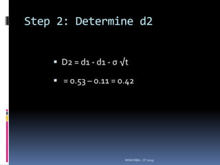 Step 2: Determine d2
 D2 = d1 - d1 - σ √t
 = 0.53 – 0.11 = 0.42
MSM MBA - CF 2019
 