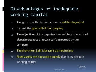 Disadvantages of inadequate
working capital
1. The growth of the business concern will be stagnated
2. It affect the goodwill of the company
3. The objectives of the organization can’t be achieved and
also average rate of return can’t be earned by the
company
4. The short term liabilities can’t be met in time
5. Fixed assets can’t be used properly due to inadequate
working capital
MSM MBA - CF 2019
Contd…
 