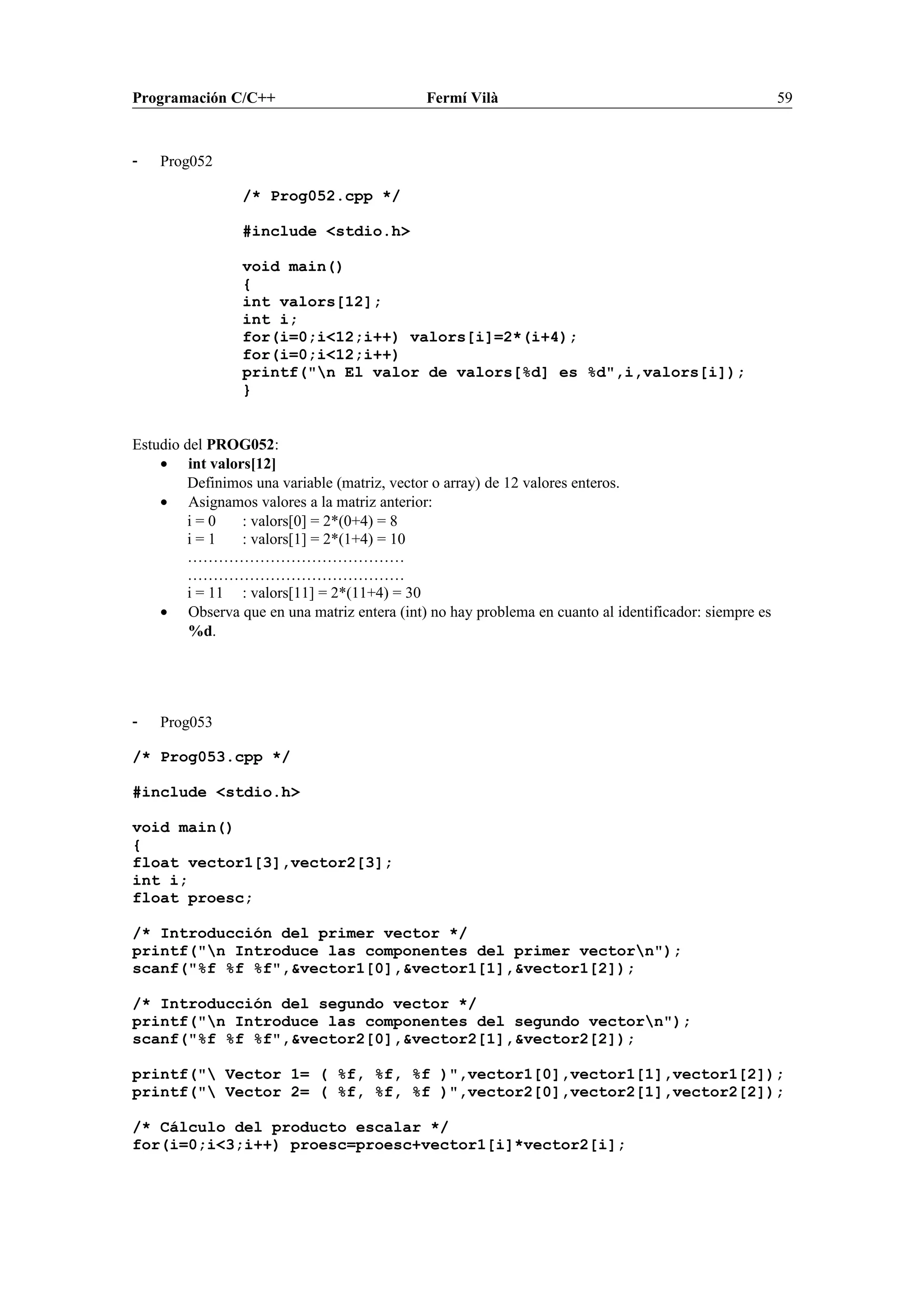 Programación C/C++ Fermí Vilà 59
- Prog052
/* Prog052.cpp */
#include <stdio.h>
void main()
{
int valors[12];
int i;
for(i=0;i<12;i++) valors[i]=2*(i+4);
for(i=0;i<12;i++)
printf("n El valor de valors[%d] es %d",i,valors[i]);
}
Estudio del PROG052:
• int valors[12]
Definimos una variable (matriz, vector o array) de 12 valores enteros.
• Asignamos valores a la matriz anterior:
i = 0 : valors[0] = 2*(0+4) = 8
i = 1 : valors[1] = 2*(1+4) = 10
……………………………………
……………………………………
i = 11 : valors[11] = 2*(11+4) = 30
• Observa que en una matriz entera (int) no hay problema en cuanto al identificador: siempre es
%d.
- Prog053
/* Prog053.cpp */
#include <stdio.h>
void main()
{
float vector1[3],vector2[3];
int i;
float proesc;
/* Introducción del primer vector */
printf("n Introduce las componentes del primer vectorn");
scanf("%f %f %f",&vector1[0],&vector1[1],&vector1[2]);
/* Introducción del segundo vector */
printf("n Introduce las componentes del segundo vectorn");
scanf("%f %f %f",&vector2[0],&vector2[1],&vector2[2]);
printf(" Vector 1= ( %f, %f, %f )",vector1[0],vector1[1],vector1[2]);
printf(" Vector 2= ( %f, %f, %f )",vector2[0],vector2[1],vector2[2]);
/* Cálculo del producto escalar */
for(i=0;i<3;i++) proesc=proesc+vector1[i]*vector2[i];
 