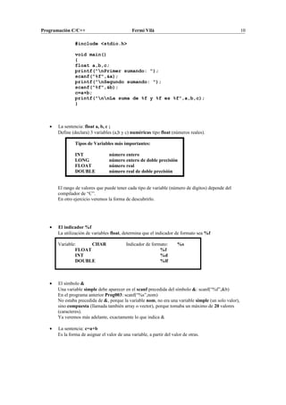 Programación C/C++ Fermí Vilà 10
#include <stdio.h>
void main()
{
float a,b,c;
printf("nPrimer sumando: ");
scanf("%f",&a);
printf("nSegundo sumando: ");
scanf("%f",&b);
c=a+b;
printf("nnLa suma de %f y %f es %f",a,b,c);
}
• La sentencia: float a, b, c ;
Define (declara) 3 variables (a,b y c) numéricas tipo float (números reales).
Tipos de Variables más importantes:
INT número entero
LONG número entero de doble precisión
FLOAT número real
DOUBLE número real de doble precisión
El rango de valores que puede tener cada tipo de variable (número de dígitos) depende del
compilador de “C”.
En otro ejercicio veremos la forma de descubrirlo.
• El indicador %f
La utilización de variables float, determina que el indicador de formato sea %f
Variable: CHAR Indicador de formato: %s
FLOAT %f
INT %d
DOUBLE %lf
• El símbolo &
Una variable simple debe aparecer en el scanf precedida del símbolo &: scanf(“%f”,&b)
En el programa anterior Prog003: scanf(“%s”,nom)
No estaba precedida de &, porque la variable nom, no era una variable simple (un solo valor),
sino compuesta (llamada también array o vector), porque tomaba un máximo de 20 valores
(caracteres).
Ya veremos más adelante, exactamente lo que indica &
• La sentencia: c=a+b
Es la forma de asignar el valor de una variable, a partir del valor de otras.
 