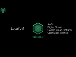 lattice.cf
Local VM
AWS
Digital Ocean
Google Cloud Platform
OpenStack (thanks!)
 
