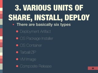3. VARIOUS UNITS OF
SHARE, INSTALL, DEPLOY
• There are basically six types
• Deployment Artifact
• OS Package Installer
• OS Container
• Tarball/ZIP
• VM Image
• Composite Release 20
 