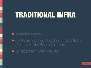TRADITIONAL INFRA
• “collection of pets”
• pet them, hug them, love them, name them
after Lord of the Rings characters
• upgrade them when they die
28
 