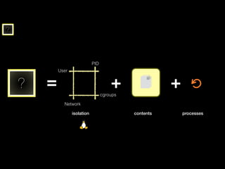 ?
? =
isolation
PID
User
Network
cgroups
+
contents
+
processes
 