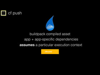 ? cf push
buildpack compiled asset
app + app-specific dependencies
assumes a particular execution context
cflinuxfs2
 
