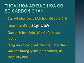 − Các AB phải đƣợc kích hoạt để trở thành
dạng hoạt động acyl CoA
− Quá trình hoạt hóa (gắn CoA) ở bào
tƣơng
− Ở ngƣời và động vật: các acyl CoA phải đi
vào bào tƣơng ty thể (nhờ carnitin) để
đƣợc oxy hóa.
14
 