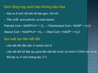  Sinh tổng hợp acid béo không bão hòa
 Xảy ra ở lƣới nội bào tế bào gan, mô mỡ
 Tiền chất: acid palmitic và acid stearic
Palmityl CoA + NADPH,H+ + O2 → Palmitooleyl CoA + NADP+ + H2O
Stearyl CoA + NADPH,H+ +O2 → Oleyl CoA + NADP+ + H2O
o Qui luật tạo liên kết đôi
o Liên kết đôi đầu tiên ở carbon thứ 9
o Liên kết đôi kế tiếp tạo giữa liên kết đôi trƣớc và nhóm COOH (từ ∆9 có
thể tạo ra ∆6 chứ không tạo ∆12)
38
 