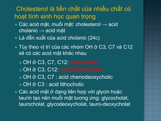  Cholesterol là tiền chất của nhiều chất có
hoạt tính sinh học quan trọng
 Các acid mật, muối mật: cholesterol → acid
cholanic → acid mật
 Là dẫn xuất của acid cholanic (24c)
 Tùy theo vỊ trí của các nhóm OH ở C3, C7 và C12
sẽ có các acid mật khác nhau
 OH ở C3, C7, C12: acid cholic
 OH ở C3, C12: acid deoxycholic
 OH ở C3, C7 : acid chenodeoxycholic
 OH ở C3 : acid lithocholic
 Các acid mật ở dạng liên hợp với glycin hoặc
taurin tạo nên muối mật tƣơng ứng: glycocholat,
taurocholat, glycodeoxycholat, tauro-deoxycholat
65
 