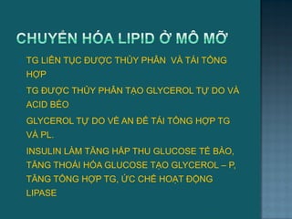  TG LIÊN TỤC ĐƢỢC THỦY PHÂN VÀ TÁI TỔNG
HỢP
 TG ĐƢỢC THỦY PHÂN TẠO GLYCEROL TỰ DO VÀ
ACID BÉO
 GLYCEROL TỰ DO VỀ AN ĐỂ TÁI TỔNG HỢP TG
VÀ PL.
 INSULIN LÀM TĂNG HẤP THU GLUCOSE TẾ BÀO,
TĂNG THOÁI HÓA GLUCOSE TẠO GLYCEROL – P,
TĂNG TỔNG HỢP TG, ỨC CHẾ HOẠT ĐỘNG
LIPASE
68
 