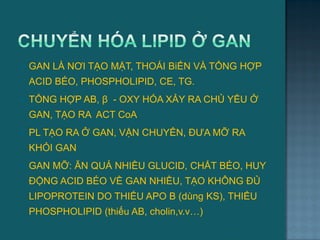  GAN LÀ NƠI TẠO MẬT, THOÁI BiẾN VÀ TỔNG HỢP
ACID BÉO, PHOSPHOLIPID, CE, TG.
 TỔNG HỢP AB, β - OXY HÓA XẢY RA CHỦ YẾU Ở
GAN, TẠO RA ACT CoA
 PL TẠO RA Ở GAN, VẬN CHUYỂN, ĐƢA MỠ RA
KHỎI GAN
 GAN MỠ: ĂN QUÁ NHIỀU GLUCID, CHẤT BÉO, HUY
ĐỘNG ACID BÉO VỀ GAN NHIỀU, TẠO KHÔNG ĐỦ
LIPOPROTEIN DO THIẾU APO B (dùng KS), THIẾU
PHOSPHOLIPID (thiếu AB, cholin,v.v…)
69
 