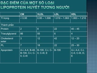 CM VLDL LDL HDL
Tỉ trọng < 0.95 0.95 – 1.006 1.019 – 1.063 1.063 – 1.210
Thành phần
Protein 2 8 22 40 – 45
Triacylglycerol 86 55 6 4
Cholesterol
ester
3 12 42 12 – 20
PL 7 18 22 25 – 30
Apoprotein A-I, A-II, B-48,
B-100, C-I, C-
II, C-III
B-100, C-I, C-
II, C-III, E
B-100 A-I, A-II, C-I,
C-II, C-III, D,
E
 