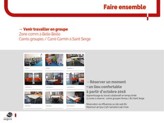 Faire ensemble
→ Venir travailler en groupe
Zone comm à Belle Beille
Carrés groupes / Carré Carmin à Saint Serge
→Réserver...