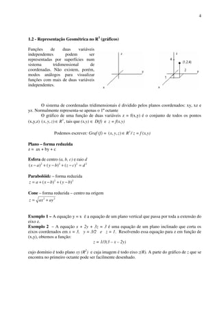 4
1.2 - Representação Geométrica no R3
(gráficos)
Funções de duas variáveis
independentes podem ser
representadas por superfícies num
sistema tridimensional de
coordenadas. Não existem, porém,
modos análogos para visualizar
funções com mais de duas variáveis
independentes.
O sistema de coordenadas tridimensionais é dividido pelos planos coordenados: xy, xz e
yz. Normalmente representa-se apenas o 1º octante
O gráfico de uma função de duas variáveis z = f(x,y) é o conjunto de todos os pontos
(x,y,z) 3
),,( Rzyx ∈ , tais que (x,y) ∈ D(f) e z = f(x,y)
Podemos escrever: Graf (f) = 3
),,( Rzyx ∈ / z = f (x,y)
Plano – forma reduzida
z = ax + by + c
Esfera de centro (a, b, c) e raio d
2222
)()()( dczbyax =−+−+−
Parabolóide – forma reduzida
22
)()( bybxaz −+−+=
Cone – forma reduzida – centro na origem
22
ayaxz +=
Exemplo 1 – A equação y = x é a equação de um plano vertical que passa por toda a extensão do
eixo z.
Exemplo 2 – A equação x + 2y + 3z = 3 é uma equação de um plano inclinado que corta os
eixos coordenados em x = 3, y = 3/2 e z = 1. Resolvendo essa equação para z em função de
(x,y), obtemos a função:
z = 1/3(3 – x – 2y)
cujo domínio é todo plano xy (R2
) e cuja imagem é todo eixo z(R). A parte do gráfico de z que se
encontra no primeiro octante pode ser facilmente desenhado.
 