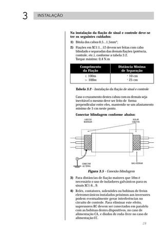 3   INSTALAÇÃO



                 Na instalação da fiação de sinal e controle deve-se
                 ter os seguintes cuidados:
                 1) Bitola dos cabos 0,5...1,5mm²;
                 2) Fiações em XC1:1...12 devem ser feitas com cabo
                    blindado e separadas das demais fiações (potência,
                    controle, etc.), conforme a tabela 3.2.
                    Torque máximo: 0,4 N.m

                       Comprimento                   Distância Mínima
                         da Fiação                     de Separação
                          £ 100m                         ³ 10 cm
                          > 100m                         ³ 25 cm

                    Tabela 3.2 - Instalação da fiação de sinal e controle

                    Caso o cruzamento destes cabos com os demais seja
                    inevitável o mesmo deve ser feito de forma
                    perpendicular entre eles, mantendo-se um afastamento
                    mínimo de 5 cm neste ponto.
                    Conectar blindagem conforme abaixo:




                             Figura 3.5 - Conexão blindagem
                 3) Para distâncias de fiação maiores que 50m é
                    necessário o uso de isoladores galvânicos para os
                    sinais XC1:6...9.
                 4) Relés, contatores, solenóides ou bobinas de freios
                    eletromecânicos instalados próximos aos inversores
                    podem eventualmente gerar interferências no
                    circuito de controle. Para eliminar este efeito,
                    supressores RC devem ser conectados em paralelo
                    com as bobinas destes dispositivos, no caso de
                    alimentação CA, e diodos de roda-livre no caso de
                    alimentação CC.
                                                                    28
 