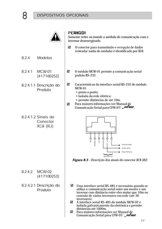 8         DISPOSITIVOS OPCIONAIS



                         PERIGO !
                         PERIGO!
                               !
                         Somente retire ou instale o módulo de comunicação com o
                         inversor desenergizado.

                             O conector para transmissão e recepção de dados
                             (entrada/ saída do módulo) é identificado por XC8.

8.2.4     Modelos


8.2.4.1   MCW-01             O módulo MCW-01 permite a comunicação serial
          (417100252)        padrão RS-232.


8.2.4.1.1 Descrição do       Características da interface serial RS-232 do módulo
                             MCW-01
          Produto
                             • ponto a ponto;
                             • isolada da rede elétrica;
                             • permite distâncias de até 10m.
                             Para maiores informações ver Manual de
                             Comunicação Serial para CFW-07/             .

8.2.4.1.2 Sinais do
          Conector
          XC8 (RJ)




                           Figura 8.3 - Descrição dos sinais do conector XC8 (RJ)


8.2.4.2   MCW-02
          (417100253)

8.2.4.2.1 Descrição do        Uma interface serial RS-485 é necessária quando se
          Produto             utiliza a comunicação serial entre um mestre e um
                              inversor com distância entre eles maior que 10m ou
                              conexão de vários inversores em rede (até 30
                              inversores).
                              A interface serial RS-485 do módulo MCW-02 é
                              isolada galvanicamente da eletrônica e permite
                              distâncias até 1000m.
                              Para maiores informações ver Manual de
                              Comunicação Serial para CFW-07/           .
                                                                            84
 