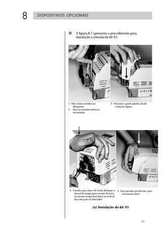 8   DISPOSITIVOS OPCIONAIS



                        A figura 8.7 apresenta o procedimento para
                        instalação e retirada do kit N1.




                 1 - Fixe a base metálica ao           3 - Posicione a parte plástica do kit
                      dissipador.                           conforme figura.
                 2 - Faça as conexões elétricas
                      necessárias.




                  4 - Usando uma chave de fenda desloque a 5 - Faça pressão nas laterais, para
                       lateral da tampa para encaixe da trava.  travamento final.
                       Ao mesmo tempo faça força na vertical.
                       Faça isto para os dois lados.


                                        (a) Instalação do kit N1



                                                                                     86
 