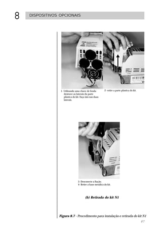 8   DISPOSITIVOS OPCIONAIS




                 1- Utilizando uma chave de fenda           2- retire a parte plástica do kit.
                    destrave as laterais da parte
                    plástica do kit. Faça isto nas duas
                    laterais.




                                  3- Desconecte a fiação.
                                  4- Retire a base metálica do kit.




                                         (b) Retirada do kit N1




                Figura 8.7 - Procedimento para instalação e retirada do kit N1
                                                                                                 87
 