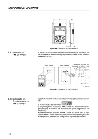 110
DISPOSITIVOS OPCIONAIS
Figura 8.4 -Dimensões da HMI-CFW08-S
8.3.1Instalação da
HMI-CFW08-S
A HMI-CFW08-S pode ser instalada diretamente sobre a porta do pai-
nel, conforme os desenhos a seguir (também pode ser usada a moldu-
ra KMR-CFW08-S):
65
113
23
19
Figura 8.5 - Instalação da HMI-CFW08-S
Vista Frontal Vista Posterior
Paraf.
M3x8 (2x)
torque
0,5Nm.
Dimensões do Rasgo para
Instalação do HMI em Painel
8.3.2Colocação em
Funcionamento da
HMI-CFW08-S
Após tudo instalado (inclusive o cabo de interligação), energize o inver-
sor.
A HMI-CFW08-S deverá indicar
A programação do inversor via HMI-CFW08-S é exatamente igual à
programação do inversor via HMI-CFW08-P (para programação ver
capítulo 5).
Para habilitar todas as teclas da HMI-CFW08-S e assim torná-la equi-
valente à HMI-CFW08-P tanto do ponto de vista de programação quan-
to de operação, é necessário configurar os seguintes parâmetros:
 