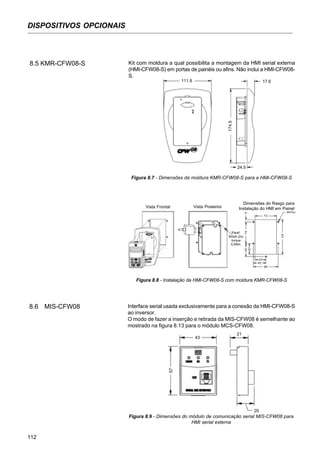 112
DISPOSITIVOS OPCIONAIS
Kit com moldura a qual possibilita a montagem da HMI serial externa
(HMI-CFW08-S) em portas de painéis ou afins. Não inclui a HMI-CFW08-
S.
8.5 KMR-CFW08-S
Figura 8.7 - Dimensões da moldura KMR-CFW08-S para a HMI-CFW08-S
Figura 8.8 - Instalação da HMI-CFW08-S com moldura KMR-CFW08-S
111.8
174.5
24.5
17.6
Vista Frontal Vista Posterior
Paraf.
M3x8 (2x)
torque
0,5Nm.
Dimensões do Rasgo para
Instalação do HMI em Painel
8.6 MIS-CFW08 Interface serial usada exclusivamente para a conexão da HMI-CFW08-S
ao inversor.
O modo de fazer a inserção e retirada da MIS-CFW08 é semelhante ao
mostrado na figura 8.13 para o módulo MCS-CFW08.
Figura 8.9 - Dimensões do módulo de comunicação serial MIS-CFW08 para
HMI serial externa
57
43
21
20
 